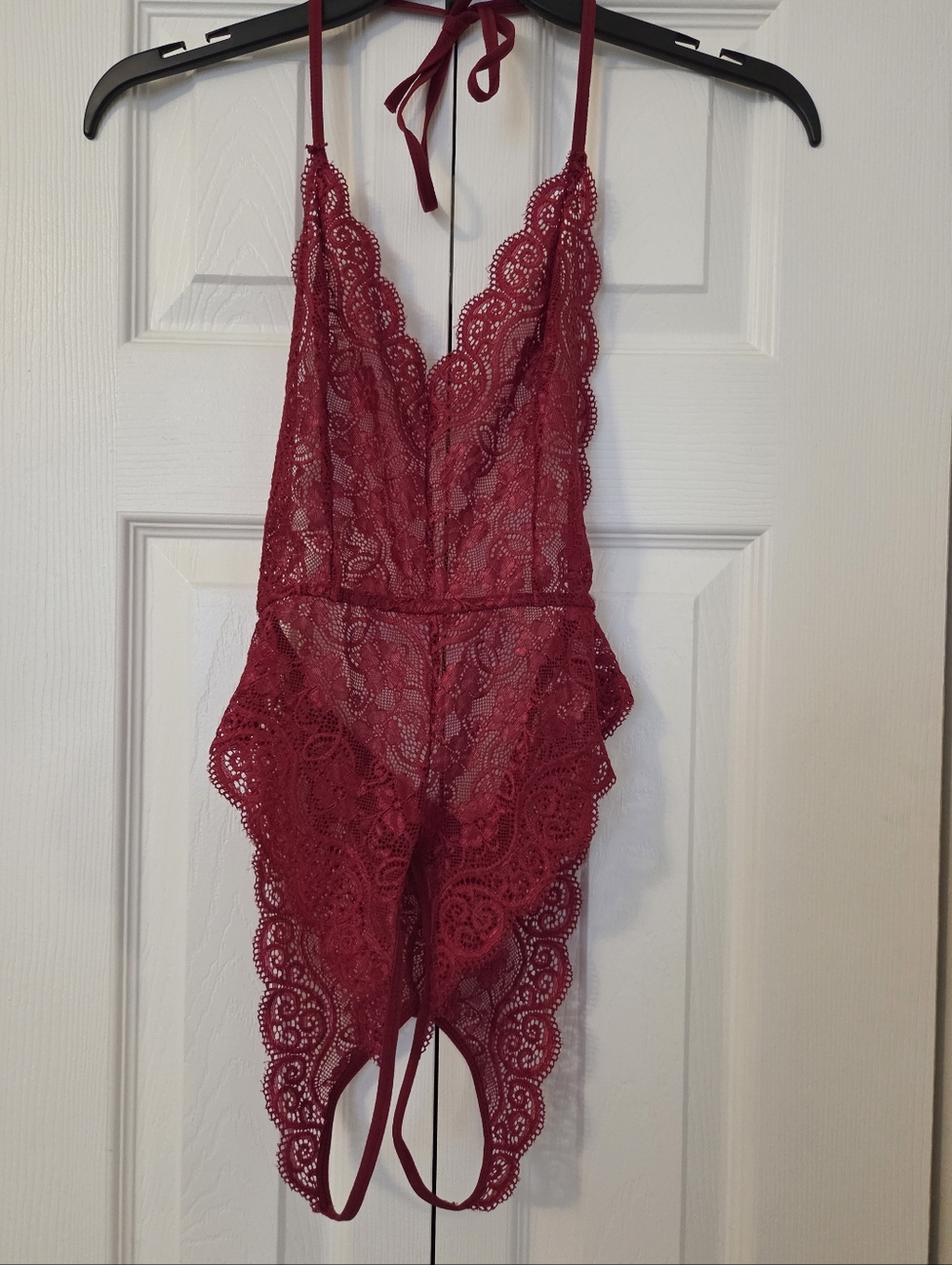 SHEIN Red Lace Plunge Halter Teddy